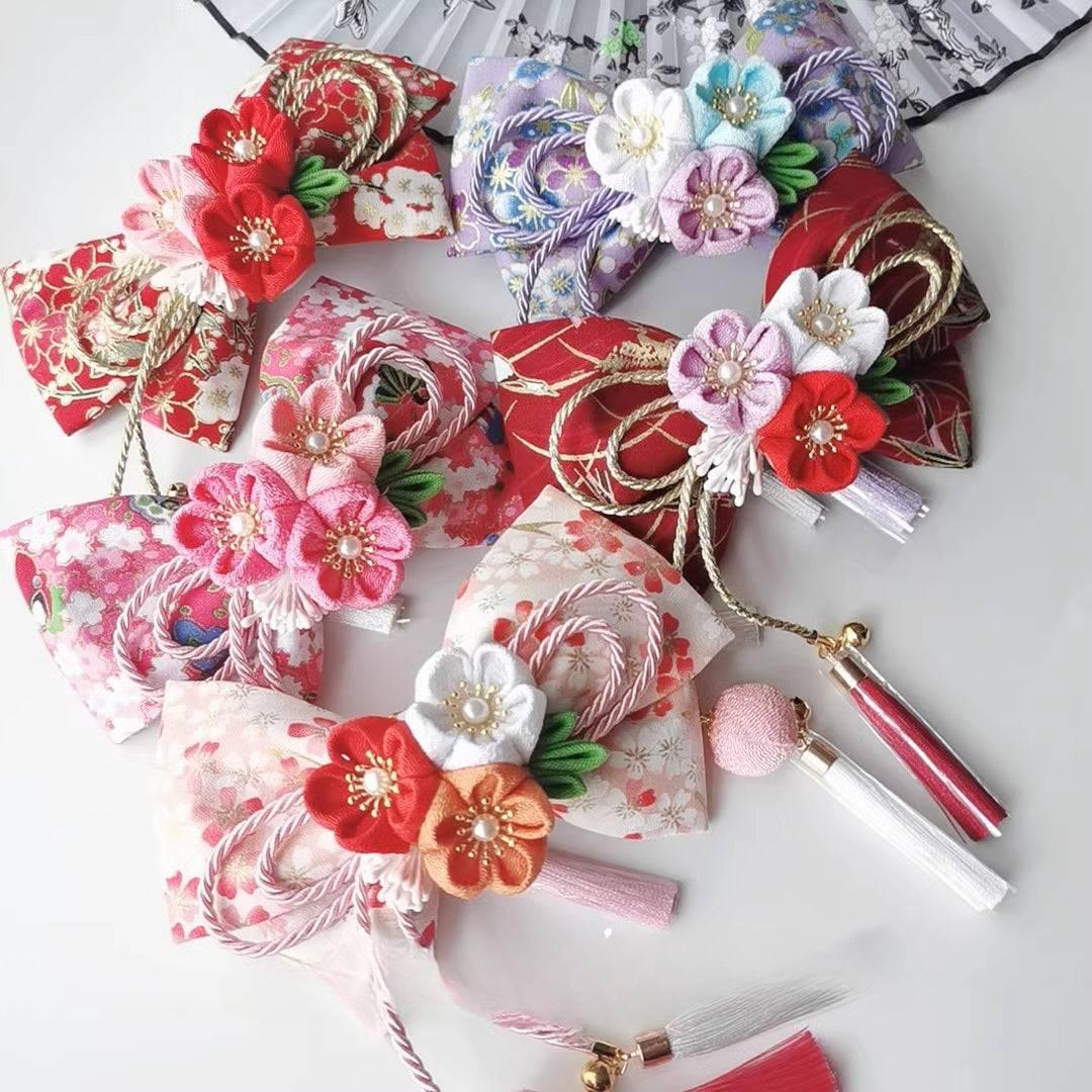 Japanese girl kimono cherry blossom hair accessories lolita orange burgundy fine work bow edge clip hairpin - Yandan_Hanfu