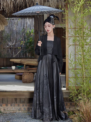Black Featuring a diverse collection of Hanfu styles, this display presents a blend of traditional and modern elements, from the intricate embroidery of classic Hanfu to contemporary menswear. The assortment includes authentic Tang Dynasty dresses and detailed Ming Dynasty Hanfu, alongside luxurious royal attire and scholar officials' outfits. With a special emphasis on men's Hanfu, the exhibit highlights the rich cultural tapestry of traditional Asian clothing and modern, Asian-inspired fashion