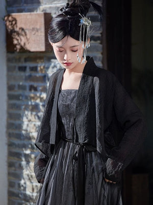 Black Featuring a diverse collection of Hanfu styles, this display presents a blend of traditional and modern elements, from the intricate embroidery of classic Hanfu to contemporary menswear. The assortment includes authentic Tang Dynasty dresses and detailed Ming Dynasty Hanfu, alongside luxurious royal attire and scholar officials' outfits. With a special emphasis on men's Hanfu, the exhibit highlights the rich cultural tapestry of traditional Asian clothing and modern, Asian-inspired fashion