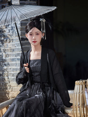 Black Featuring a diverse collection of Hanfu styles, this display presents a blend of traditional and modern elements, from the intricate embroidery of classic Hanfu to contemporary menswear. The assortment includes authentic Tang Dynasty dresses and detailed Ming Dynasty Hanfu, alongside luxurious royal attire and scholar officials' outfits. With a special emphasis on men's Hanfu, the exhibit highlights the rich cultural tapestry of traditional Asian clothing and modern, Asian-inspired fashion