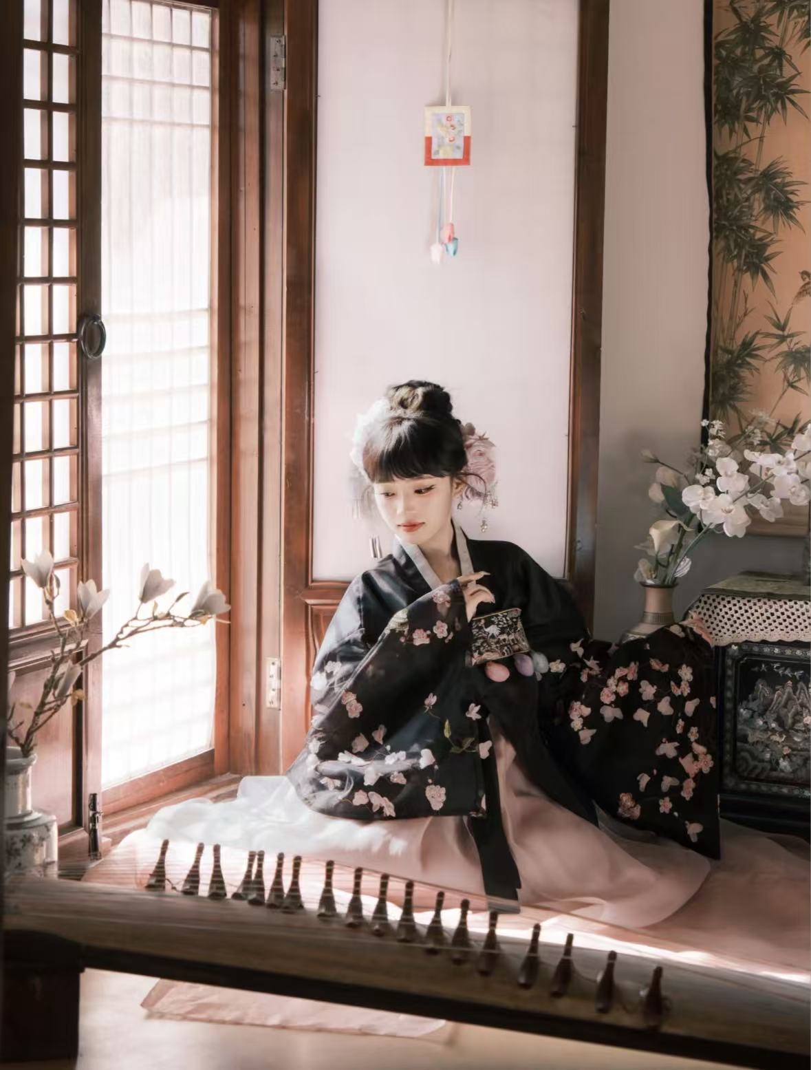 Black & Pink Hanbok with Floral Patterns | Korean Traditional Dress One Size