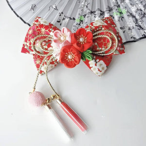 Japanese girl kimono cherry blossom hair accessories lolita orange burgundy fine work bow edge clip hairpin - Yandan_Hanfu