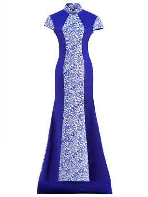 2025 new blue white porcelain cheongsam new chinese style catwalk fishtail trailing high end performance dress