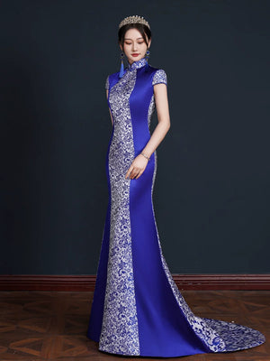 2025 new catwalk fishtail trailing dress new chinese blue white porcelain cheongsam high end performance