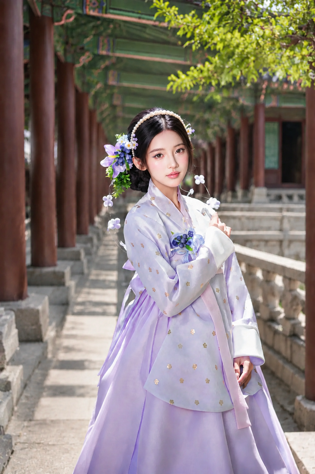 Traditional Hanbok | Lavender Purple Long Sleeve Jeogori & Full Chima Skirt with Floral Headpiece