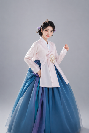 Women's white and teal gradient Korean Hanbok inspired outfit final detail image