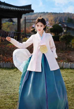 White ruqun and teal gradient Hanbok set extra full outfit detail