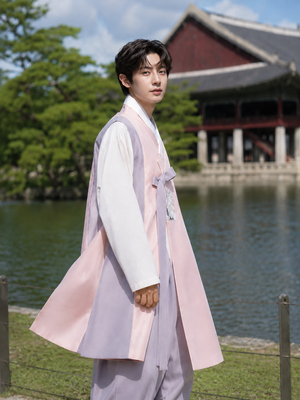 Person wearing a traditional Korean hanbok by a lake with a historical building in the background