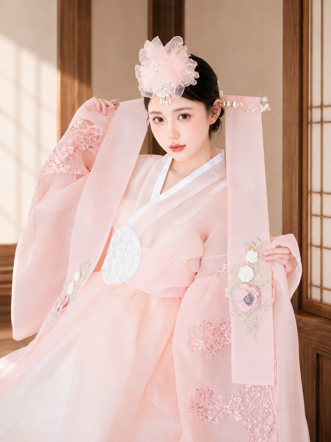Women's Hanbok | Pink Sheer Long Sleeve Jeogori & White Fluffy Chima Skirt with Floral Headpiece | Dreamy Fairy Style
