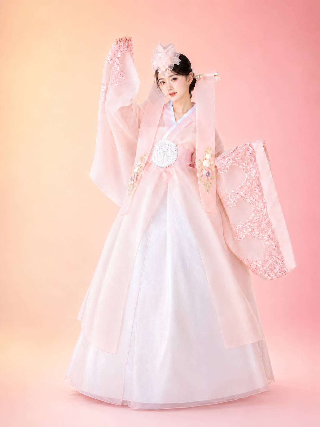 Women's Hanbok | Pink Sheer Long Sleeve Jeogori & White Fluffy Chima Skirt with Floral Headpiece | Dreamy Fairy Style