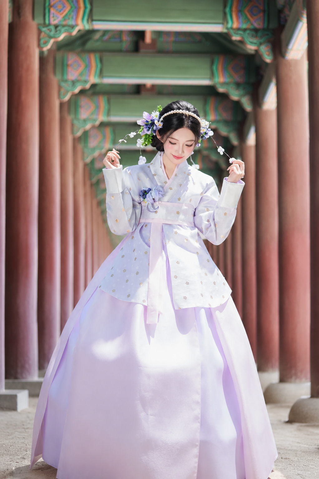 Traditional Hanbok | Lavender Purple Long Sleeve Jeogori & Full Chima Skirt with Floral Headpiece