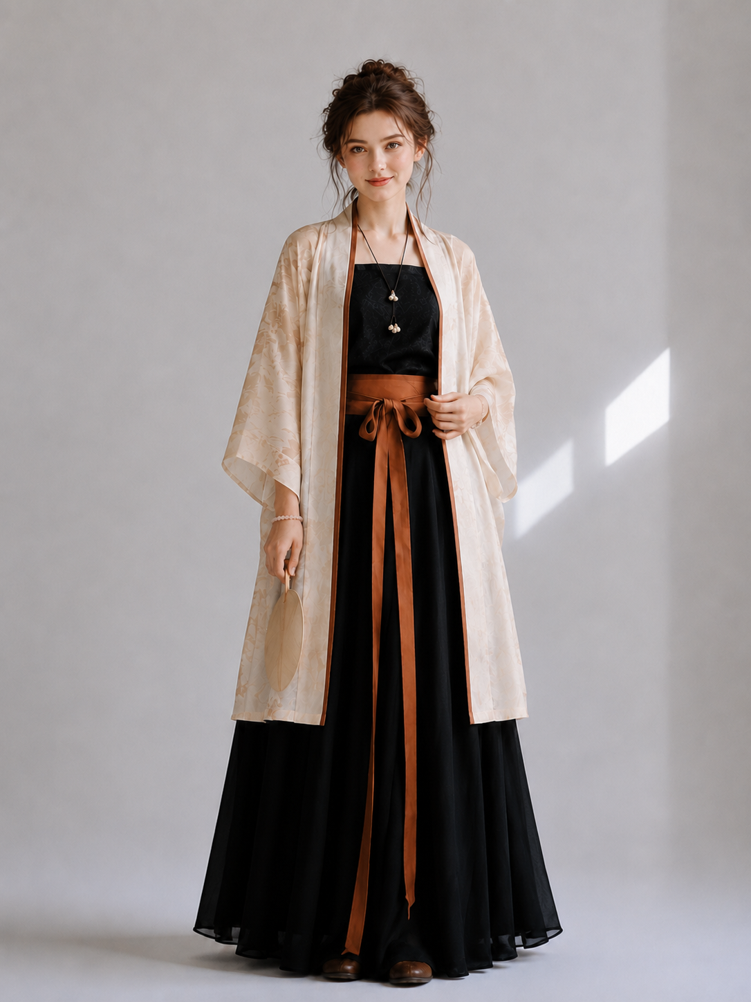 Modern Hanfu | Cream White Song Dynasty Cardigan & Black Top with Song-Style Pants