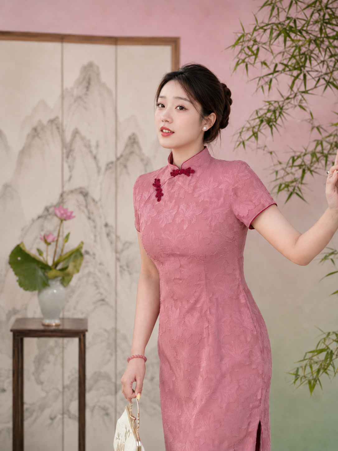 Plus Size Cheongsam Qipao | Pink Short Sleeve Slim Midi Dress with Red Mandarin Collar