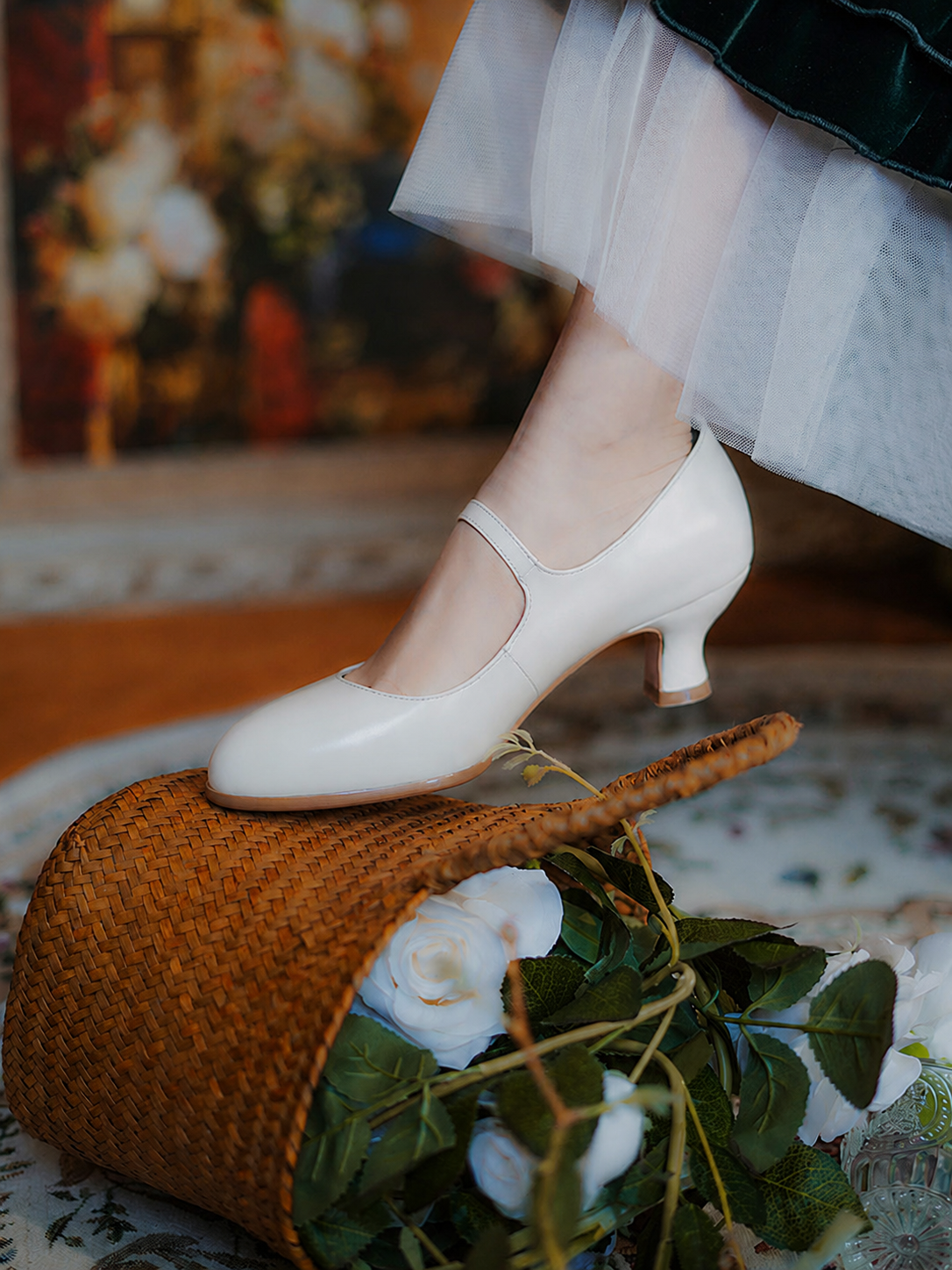 Mary Jane Heels | Vintage French T-Strap Mid Heel Pumps in Black Ivory Green