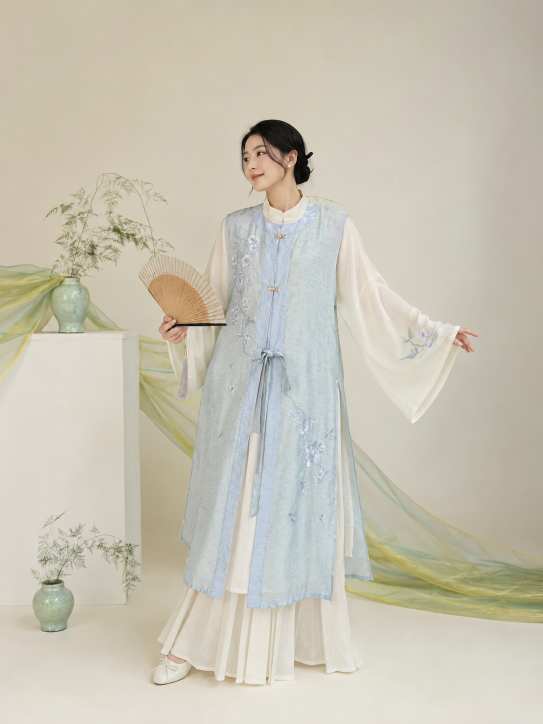 Modern Hanfu Set | Light Blue Wide Sleeve Sheer Robe & White Wide-Leg Pants
