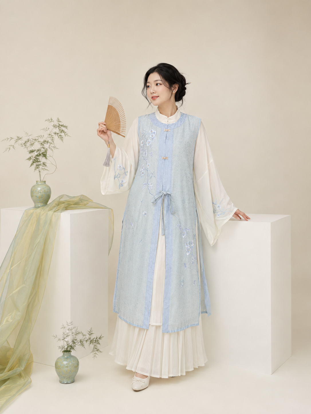 Modern Hanfu Set | Light Blue Wide Sleeve Sheer Robe & White Wide-Leg Pants