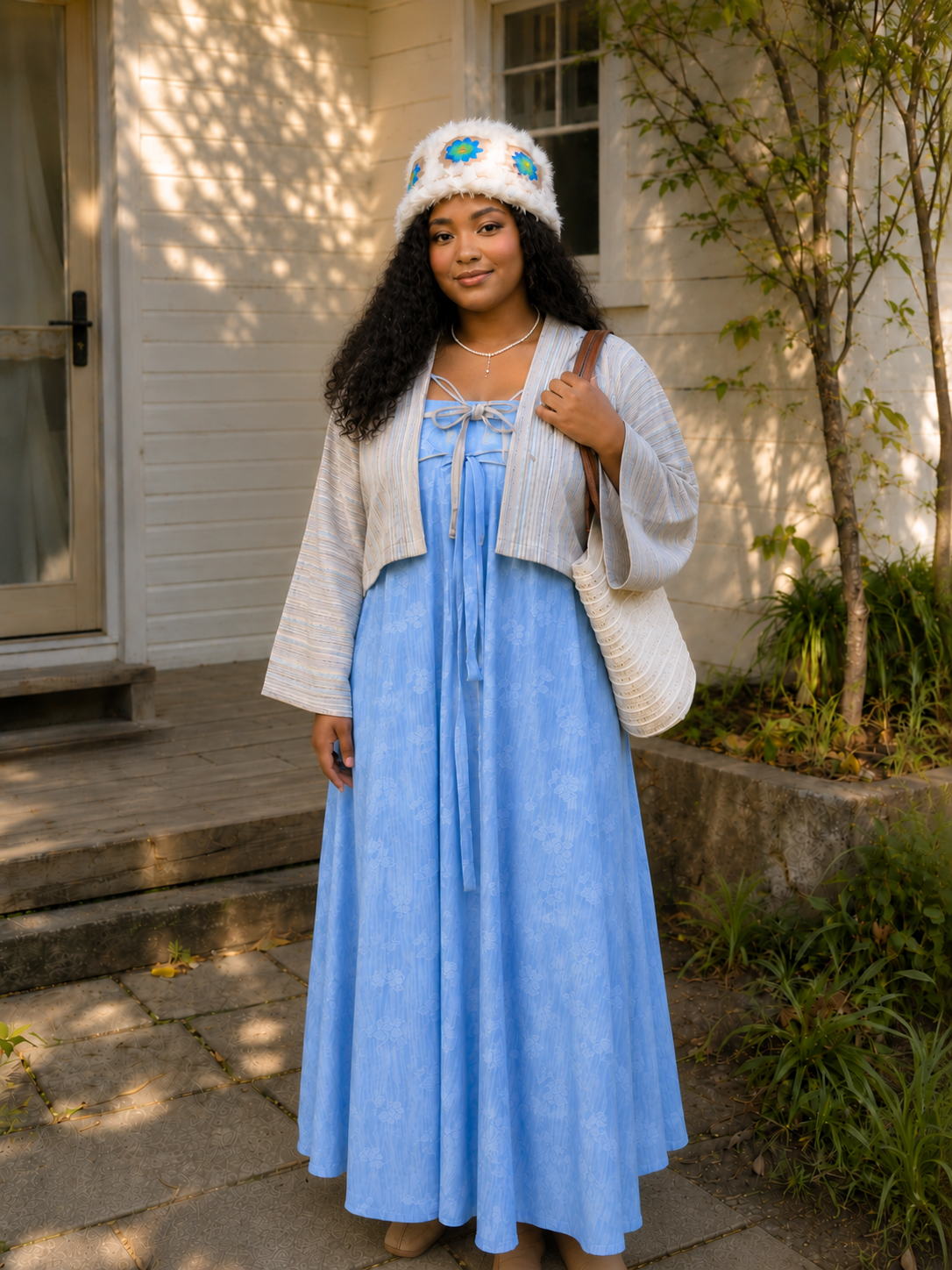 Modern Hanfu Dress | Light Blue Fringe Shoulder Slip Maxi Dress with Knit Cardigan