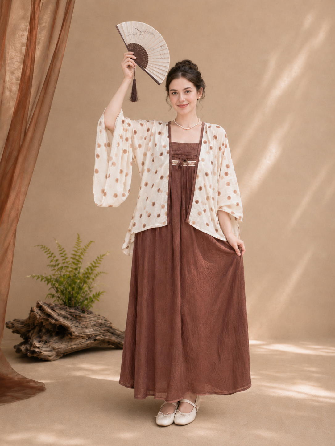 Modern Hanfu Set | Ivory Polka Dot Wide Sleeve Cardigan Robe & Brown Slip Midi Dress