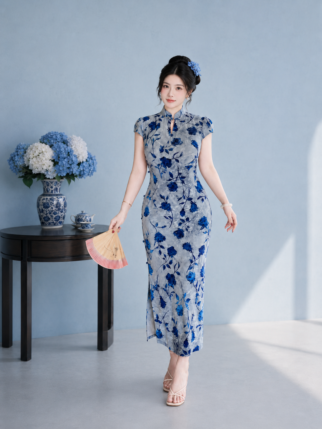 Plus Size Cheongsam Qipao | Blue Grey Peony Floral Print Short Sleeve Slim Maxi Dress