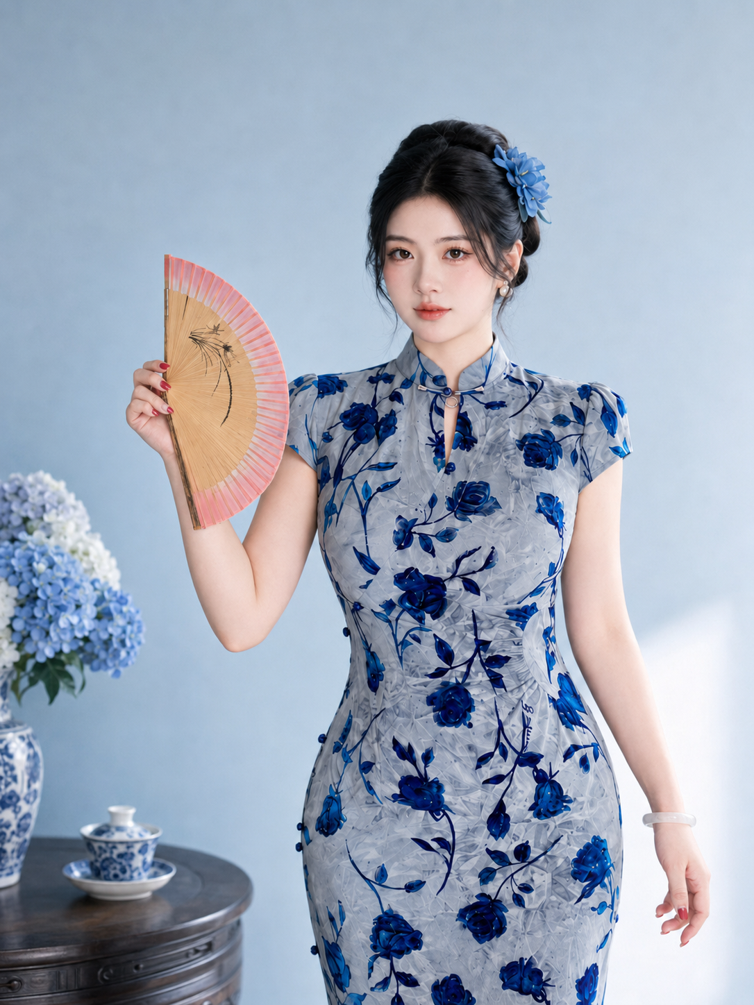 Plus Size Cheongsam Qipao | Blue Grey Peony Floral Print Short Sleeve Slim Maxi Dress