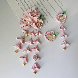 Kimono Accessories Set Fan Flower Japanese Cute Hairpin Five-petal Flower Tassel Bath Suit Drop Curtain Hairpin Blue Pink - Yandan_Hanfu