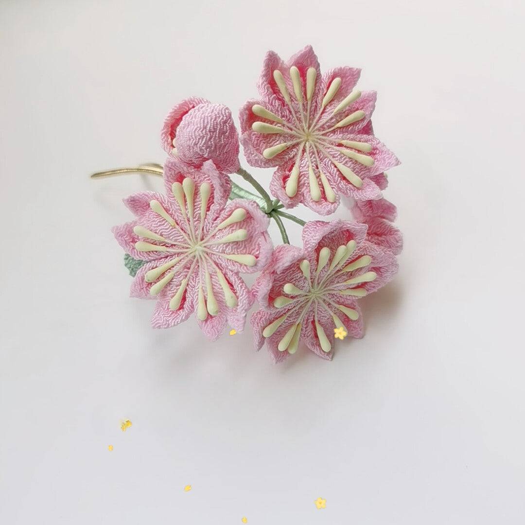 Pink cherry blossom hairpin with five embroidered flowers, perfect for traditional Japanese outfits like kimono or yukata.