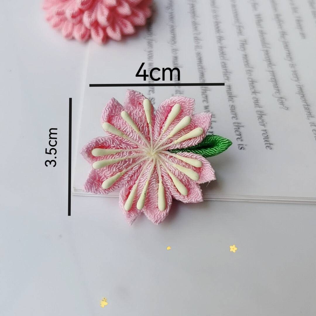 Small pink cherry blossom hairpin with size 4cm by 3.5cm, ideal for kimono or yukata accessories.