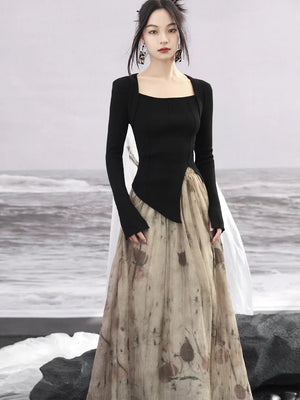 New Chinese style | suit women's early spring sweater fake two piece knitted black & red top - Yandan_Hanfu