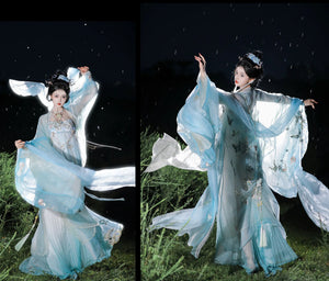 Tang Dynasty | Princess Ensemble: Embroidered Chest-length Wrap Skirt & Flowing Blue Big-sleeved Dress - Yandan_Hanfu