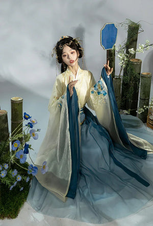 Wei Jin | Hanfu Women's Blue & Red Princess Dress Waist-length Broken Skirt Embroidery Suit - Yandan_Hanfu