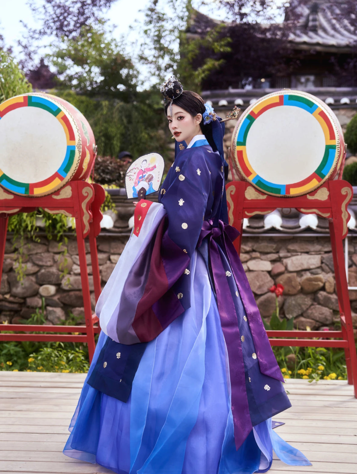Blue&Purple Korean Hanbok Princess Dress – Women's Traditional Joseon-Style Outfit for Photoshoots & Special Occasions
