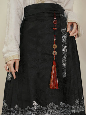 Chinese sword tassel hairpin repurposed as a waist accessory, hanging from a black Hanfu skirt with intricate silver embroidery.