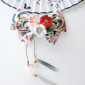 Multicolor floral Japanese kimono hairpin with red and white cherry blossoms and green tassels, ideal for cosplay or traditional wear.