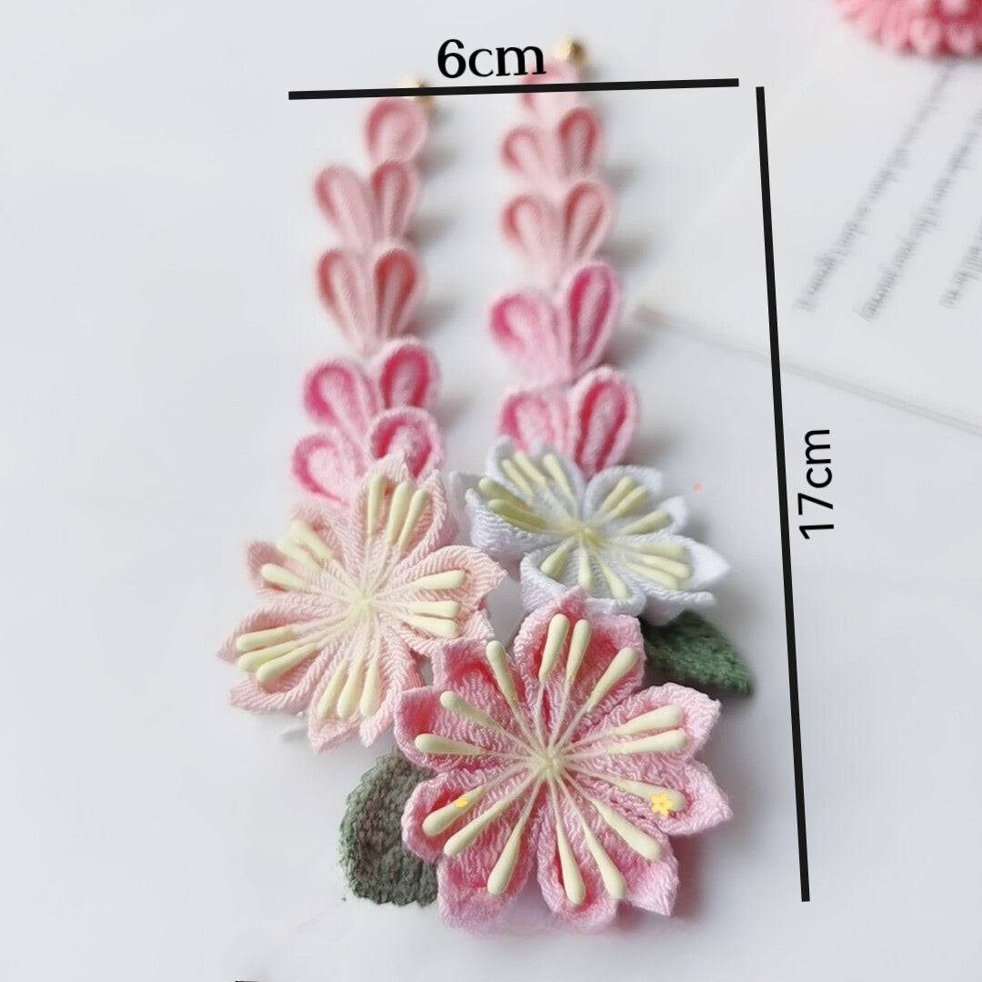 Dangling sakura hairpins with size 17cm by 6cm, featuring pink and white flowers for Japanese kimono styling.