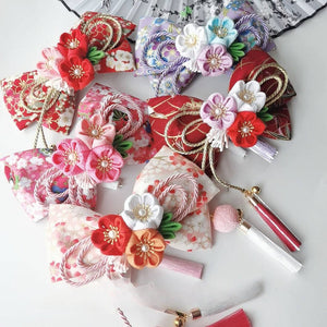 Colorful Japanese kimono hair accessories with cherry blossom bows and tassels, ideal for lolita and traditional outfits.