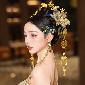 Side view of blue and gold bridal hairpin lace step with ornate floral and tassel details, perfect for Hanfu and cheongsam bridal looks.