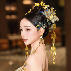 Bridal headgear blue lace gold fringed step hairpin cheongsam dress Hanfu hair accessories - Yandan_Hanfu