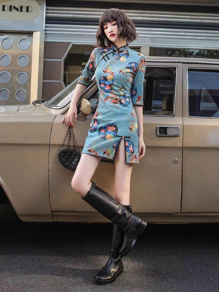 Blue Modern women's Qipao, Chrismas Cheongsam Dress for Girls gift, for mom - Yandan_Hanfu