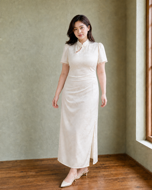 Plus size cream ivory pearl fringe qipao Malaysian model view 2