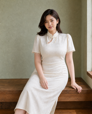 Plus size cream ivory pearl fringe qipao Malaysian model view 3