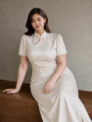Plus size cream ivory pearl fringe qipao Malaysian model view 6