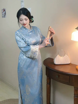 Authentic azure spring new chinese dress plus friendly slimming embroidered qipao for early spring wear standing front