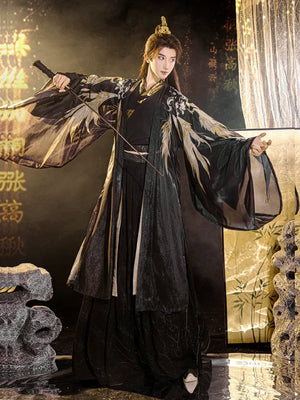 Authentic black and gold tang style hanfu set traditional chinese outfit wide sleeve robe printed hezi skirt for bride groom standing front