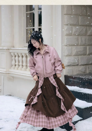 Authentic cinnamon latte winter outfit down jacket and skirt set with faux leather finish for cold days standing front