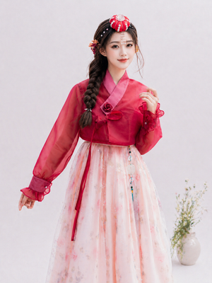 Embroidered lace korean court hanbok ethereal women dress for dance performance and photography front view