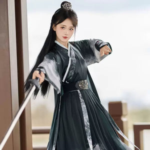 Authentic ink wash hanfu set dark green and white swordwoman robe traditional chinese martial arts costume for women standing front