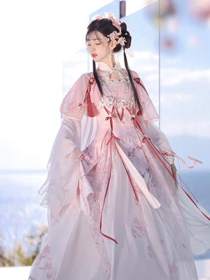 Authentic lolita hanfu set pink white sheer wide sleeve outer robe lace up mini skirt tassel belt sakura fairy style for women standing front