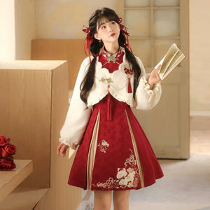 Authentic lucky pony new year hanfu red qipao set with modern chinese festive design for autumn winter standing front