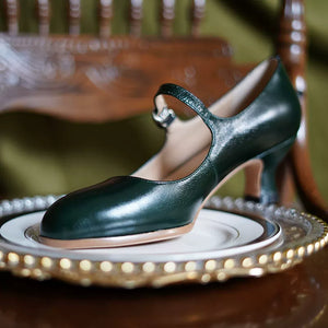 Authentic mary jane heels vintage french t strap mid heel pumps in black ivory green cheongsam qipao shoes daily elegant for women standing front