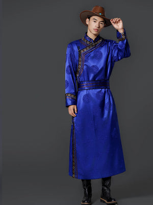 Authentic men mongolian robe traditional long ethnic dress for everyday use and cultural performances back view
